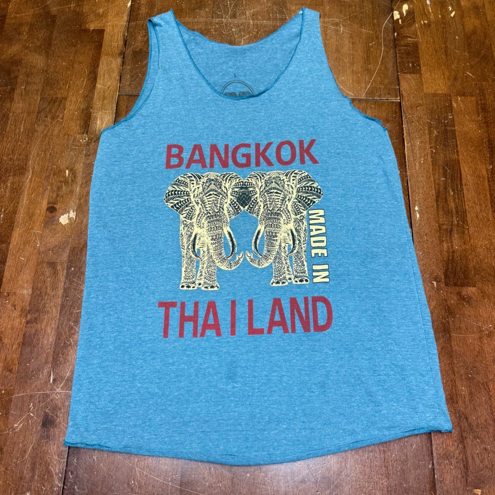 Chang Suk Tank Top Women Large Blue Bangkok Thailand Elephant Graphic Raw Edge